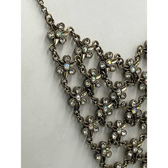 Vintage Antique Silver Chainmail Mesh Floral Rhinestone Bib Drape Necklace - Picture 4 of 9